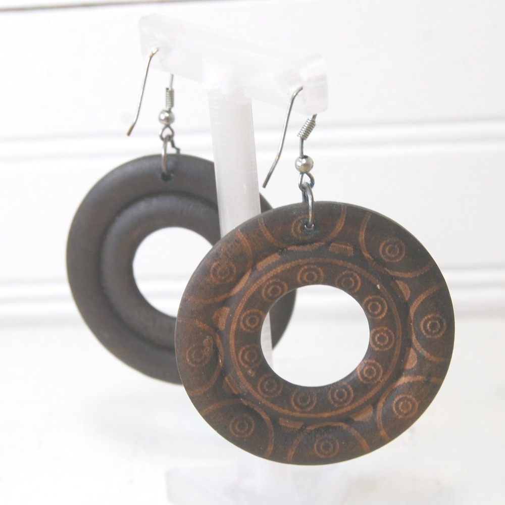 Vintage Wooden Dangle Earrings Brown Wood Bohemian Hoop Pierced Hook Backs‎